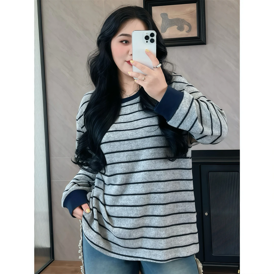 美女底牌 / 德绒条纹针织长袖上衣13192花契200斤胖mm小众显瘦