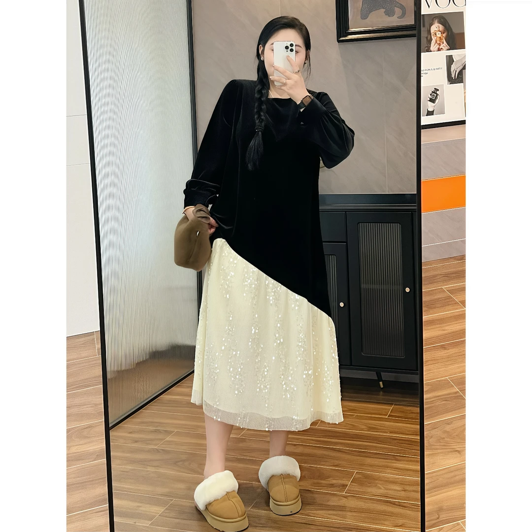 断码捡漏~摩登优雅 / 优雅法系拼接连衣裙12457花契200斤胖mm冬季