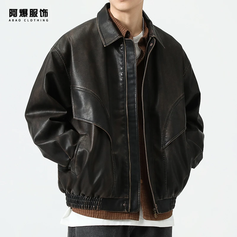 【阿爆服饰】美式复古废土风机车皮衣男秋季高端宽松潮牌皮夹克外套