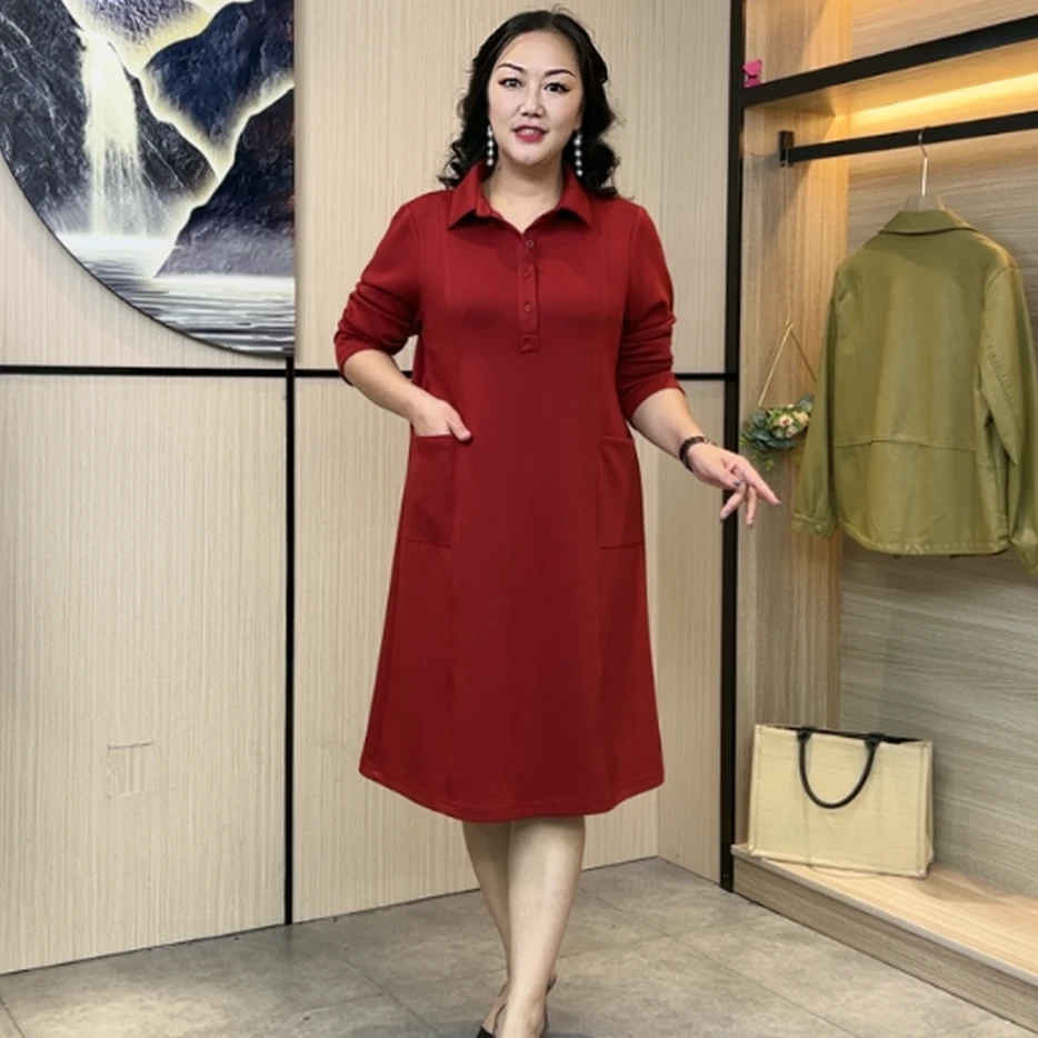 2023秋季新款女装翻领宽松大码时尚洋气宽松显瘦裙子过膝连衣裙
