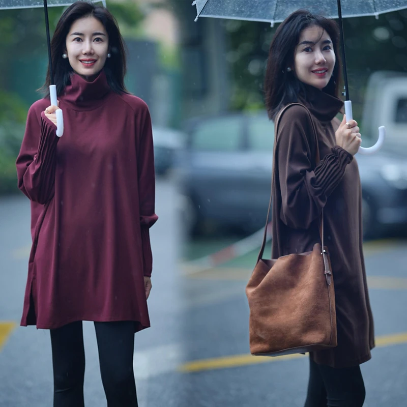 2024秋冬新款纯色长袖休闲气质百搭宽松大码显瘦高领打底衫T恤女