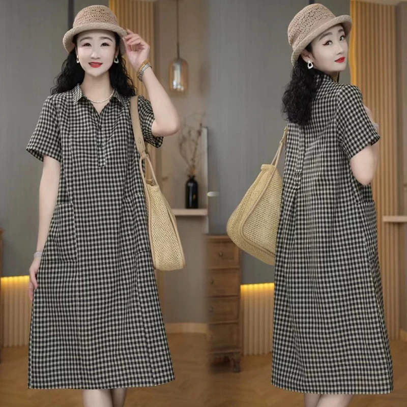 欧货高端衬衫连衣裙女2024春夏新款翻领宽松休闲经典格子大码裙子