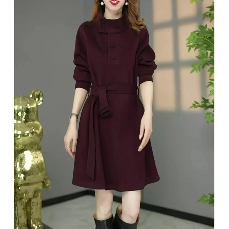 原创设计师款高货欧版洋气加厚立领宽松遮肉连衣裙a字中长打底裙