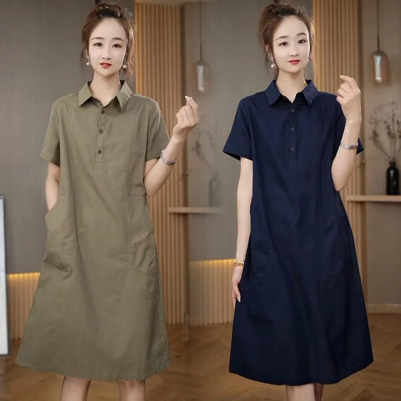 夏季新款2024宽松大码纯色连衣裙中长款大口袋POLO领A字裙衬衫裙