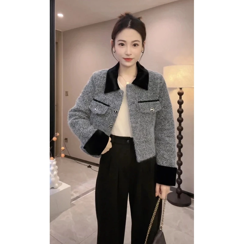 2024夹棉加厚秋冬新款法式气质高级感翻领时尚百搭小香风外套