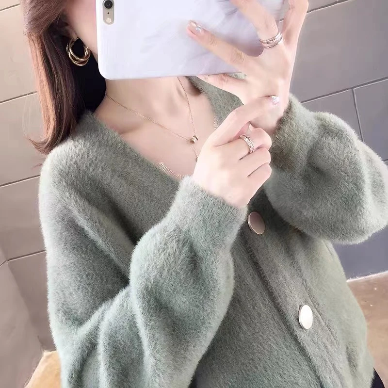 2024秋冬新款韩版短款显瘦毛衣外套女V领宽松针织开衫上衣外穿潮