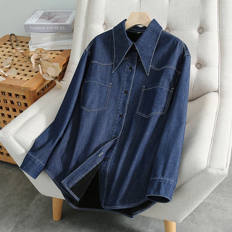 欧美秋冬复古保暖加绒牛仔衬衣女长袖宽松休闲打底叠穿加厚衬衫潮