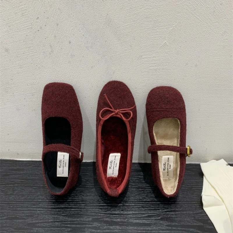 法式安可拉红色加绒毛毛鞋女玛丽珍鞋秋冬保暖棉鞋毛绒豆豆鞋