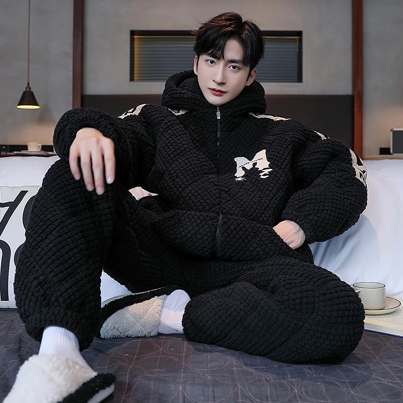 冬季细毛绒保暖睡衣男款三层夹棉加绒加厚法兰绒家居服可外穿1275