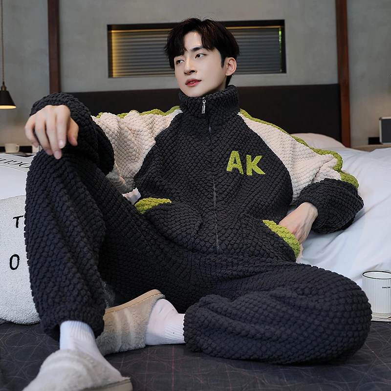 秋冬季珊瑚绒加绒加厚睡衣男士2025年爆款青少年家居服套装可外出