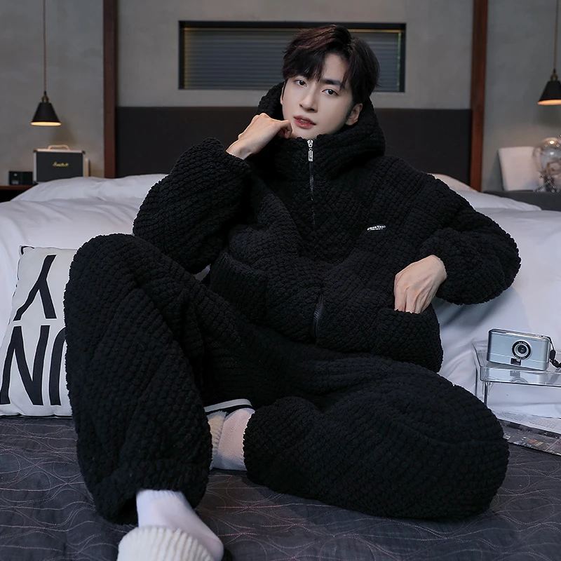 冬季细毛绒保暖睡衣男款三层夹棉加绒加厚法兰绒家居服可外穿1285