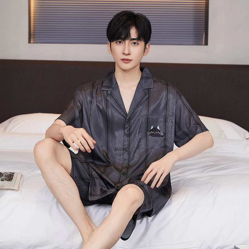 睡衣男士夏季冰丝短袖短裤青年大码男款2024新款家居服套装可外穿