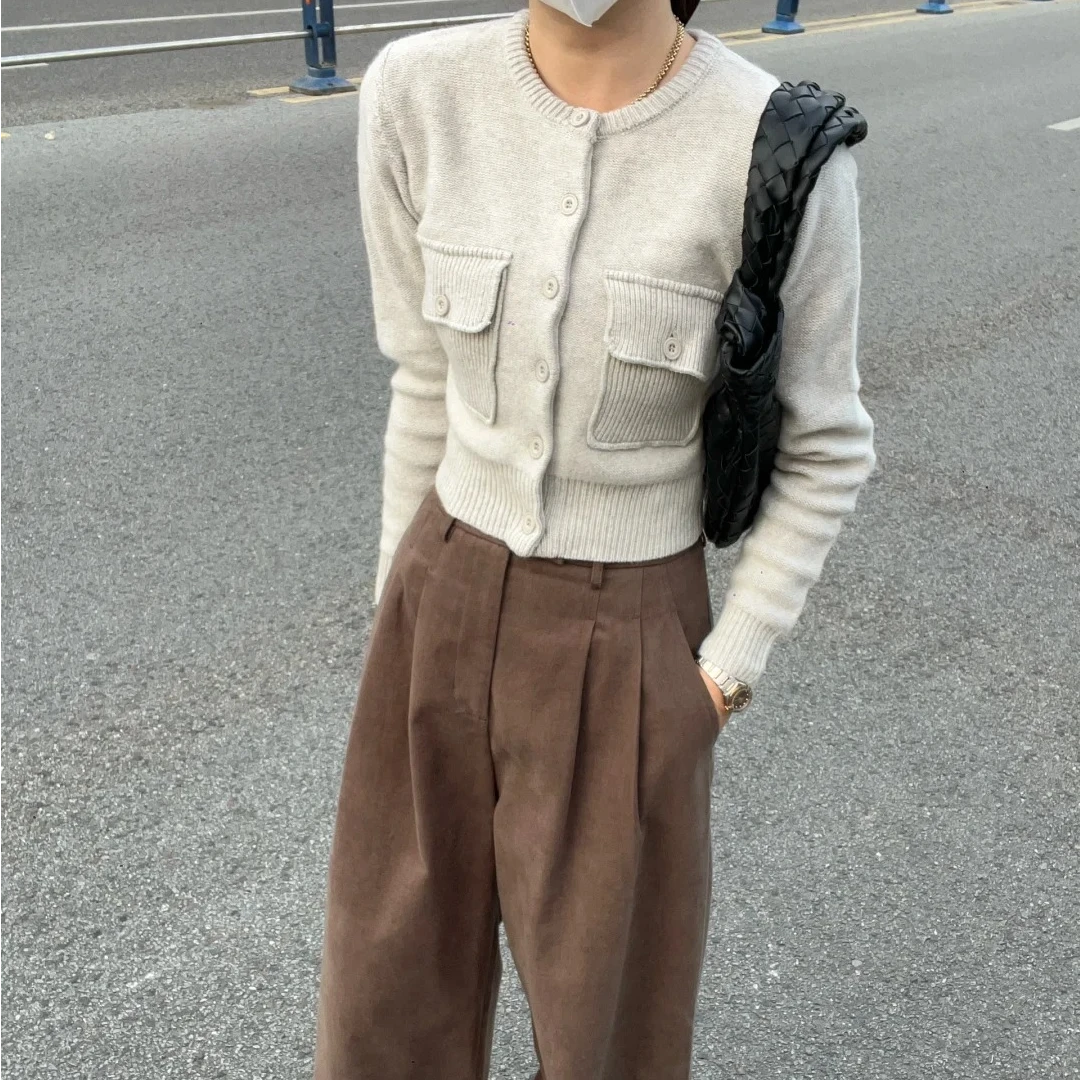 韩系气质针织衫女秋季2024新款休闲百搭修身显瘦口袋打底衫上衣潮