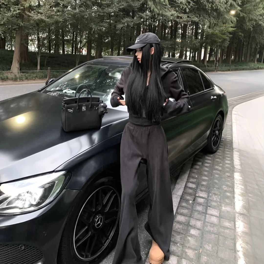 辣妹休闲套装女春季抽绳短款卫衣外套韩系穿搭阔腿裤显瘦两件套