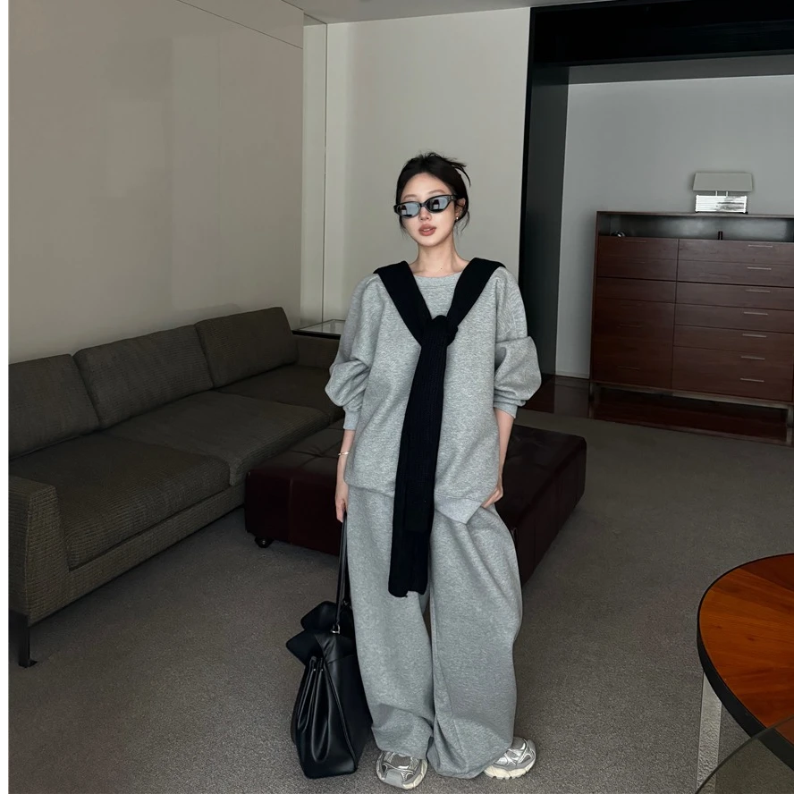 韩系慵懒风长袖卫衣高腰阔腿休闲长裤系带披肩秋季新款时尚套装女