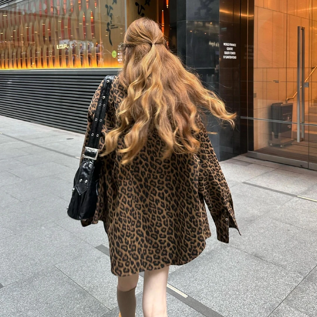 美式辣妹豹纹衬衫外套女秋季设计感小众长袖宽松纯欲风别致上衣潮