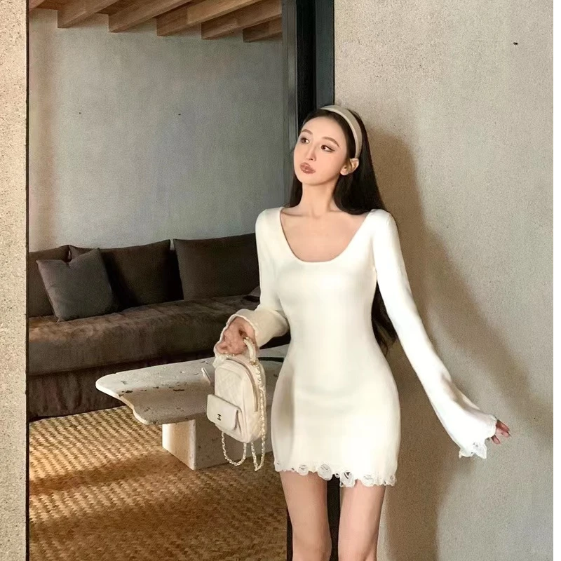 早秋新款长袖连衣裙女高级感纯欲装气质修身显瘦短裙子辣妹高腰