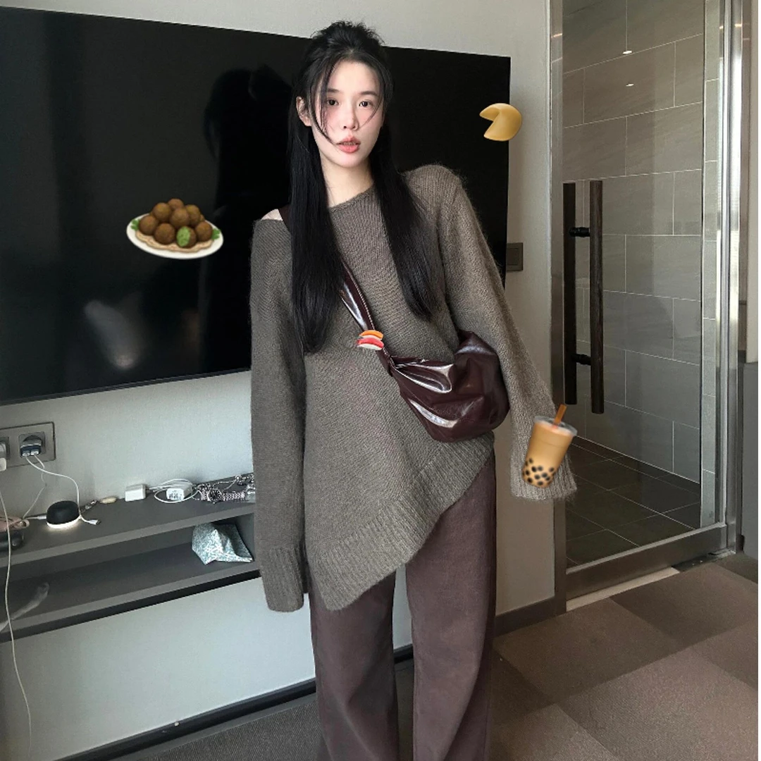 斜领长袖套头毛衣女秋季2024新款慵懒宽松针织衫不规则百搭上衣潮