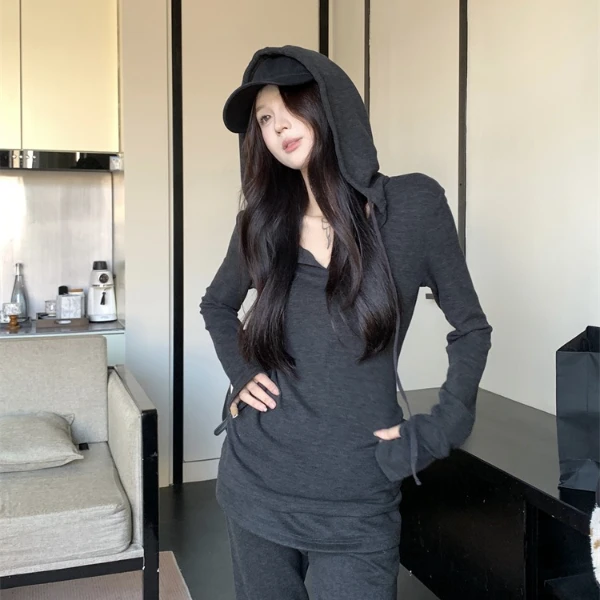 2025春季新款时尚套装休闲显瘦气质长袖连帽修身运动微喇两件套