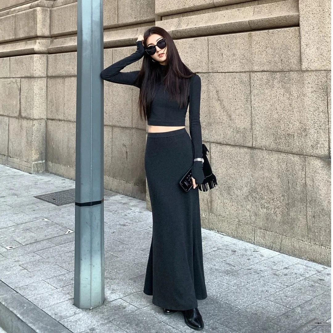 2025春季新款时尚套装显瘦针织高腰黑色长款修身休闲百搭气质套装