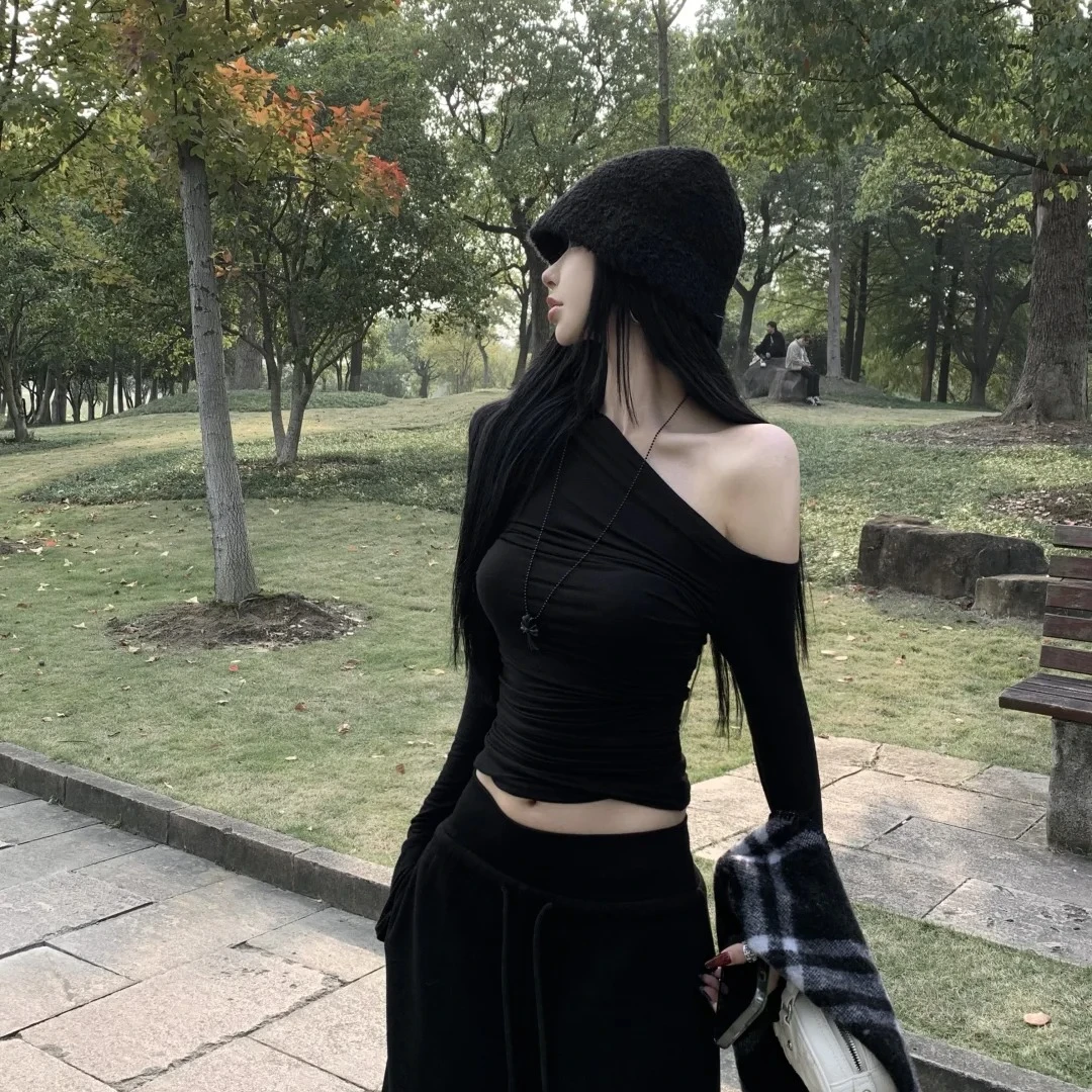 2025早秋新款气质斜肩性感露肩修身大弹力百搭套头长袖T恤上衣女