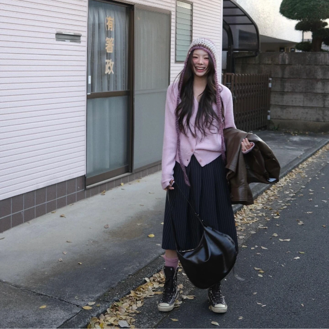 2024秋冬新款女装法式复古条纹西装半身裙设计感小众高腰a字裙子