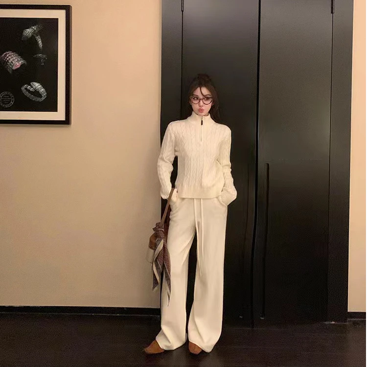 美式复古半拉链麻花针织衫女秋季2024新款宽松长袖毛衣休闲上衣潮