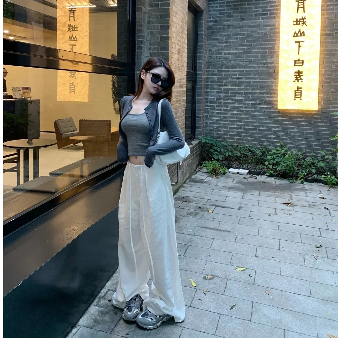 2025春季新款时尚休闲裤白色显瘦高腰直筒宽松辣妹百搭设计感长裤