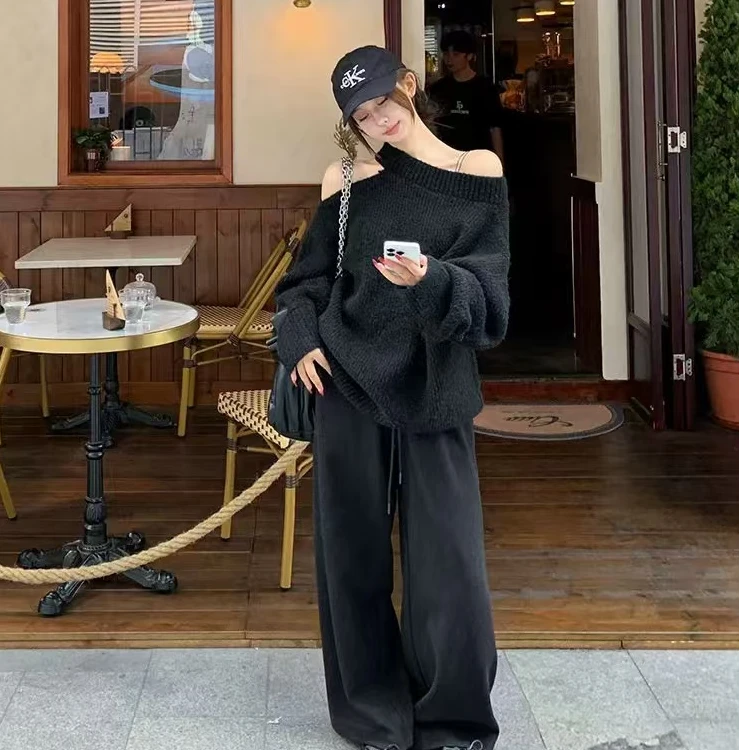 2025春季新款时尚针织上衣气质显瘦斜肩设计感洋气休闲显瘦上衣