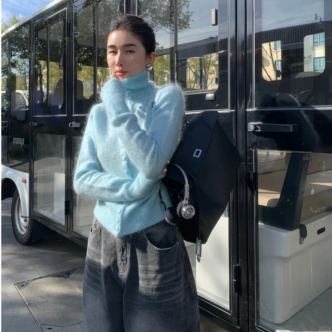 2025春季新款时尚针织毛衣开衫气质显瘦休闲百搭洋气长袖高领上衣