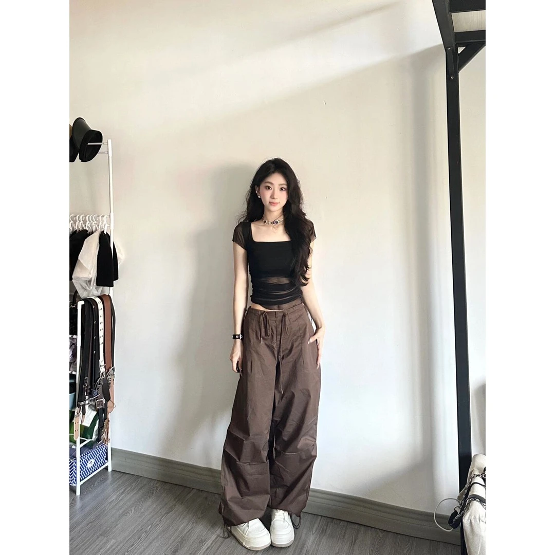 美式复古基础百搭方领短袖t恤女2025夏季新款短款上衣显瘦辣妹