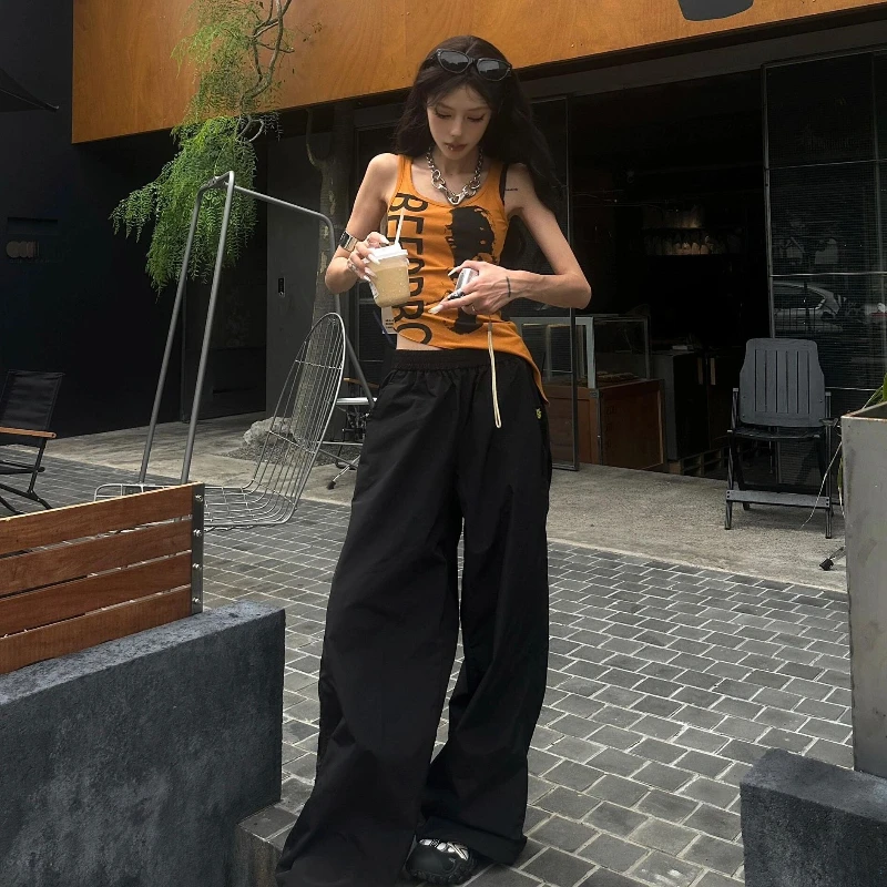 酷拽设计感不规则下摆辣妹背心女夏季美式复古像印花无袖小上衣