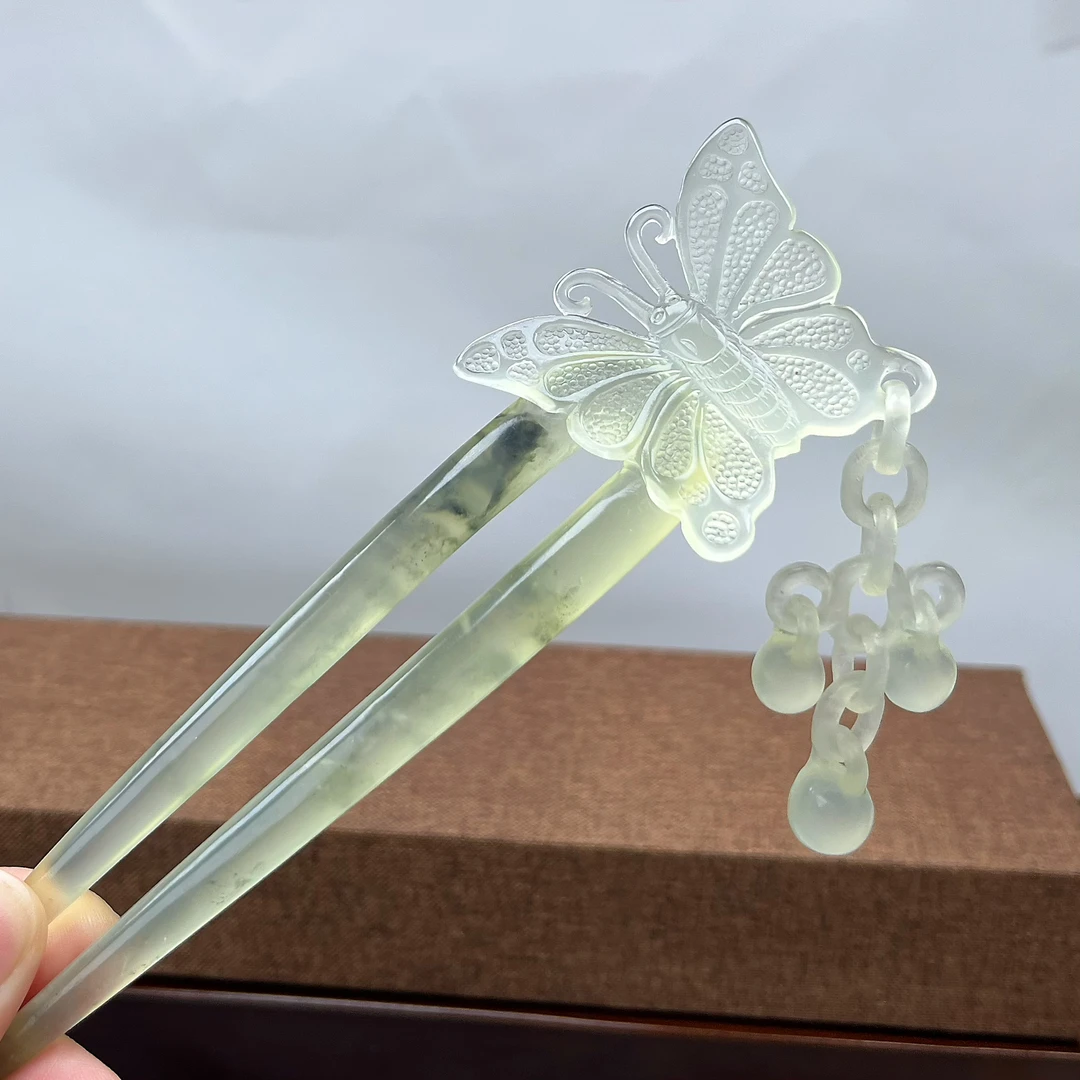 岫玉高品质双叉蝴蝶发簪  整体长度16cm  簪体入发长度11cm