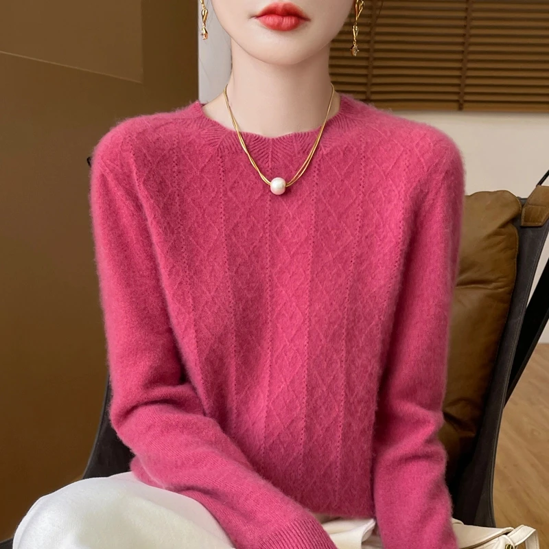 100%纯羊毛衫女圆领套头宽松针织打底秋冬新款纯色长袖针织衫毛衣