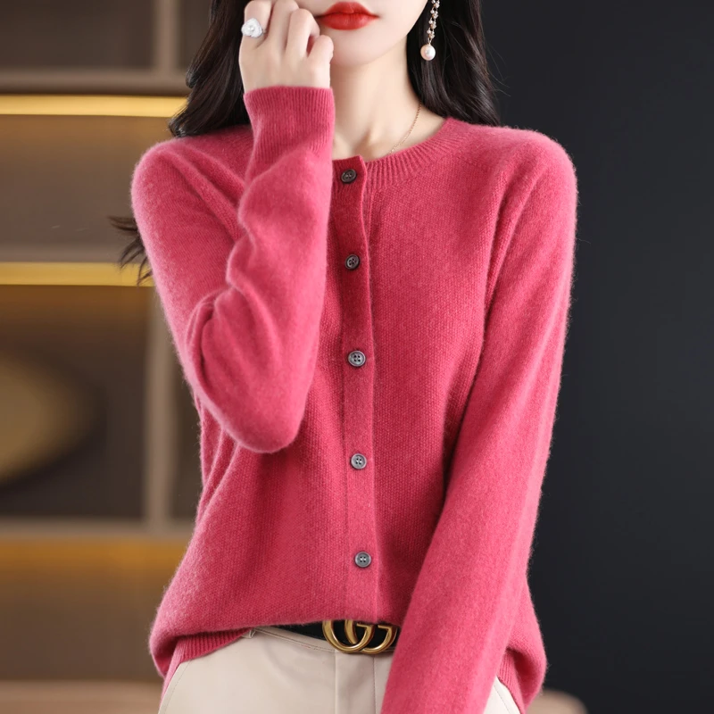 【一线成衣】100%纯羊毛开衫女圆领纯色宽松外套时尚百搭上衣