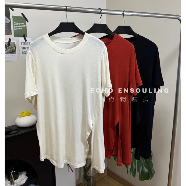 22342丝毛斜开衩休闲舒适显瘦极简百搭T恤