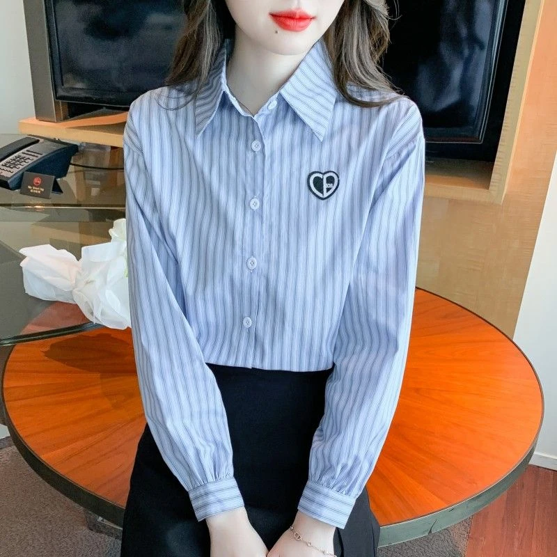 春秋季2025年新款刺绣衬衫女洋气时尚减龄条纹女士衬衣长袖设计感