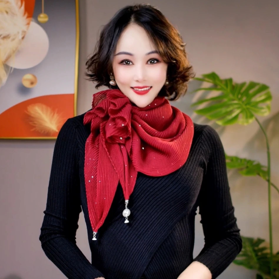 秋季磁扣压褶纯色围巾冬季女方巾时尚百搭丝巾护颈保暖多功能围脖