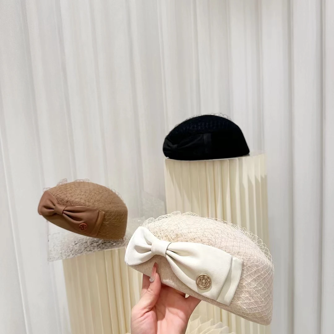 网纱贝雷帽女式秋冬天英伦时尚蝴蝶结羊毛小礼帽日系优雅毛呢帽子