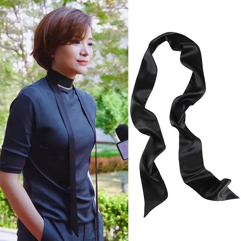 100%桑蚕丝女丝带黑色长条小丝巾飘带装饰领带腰带窄大方百搭春秋
