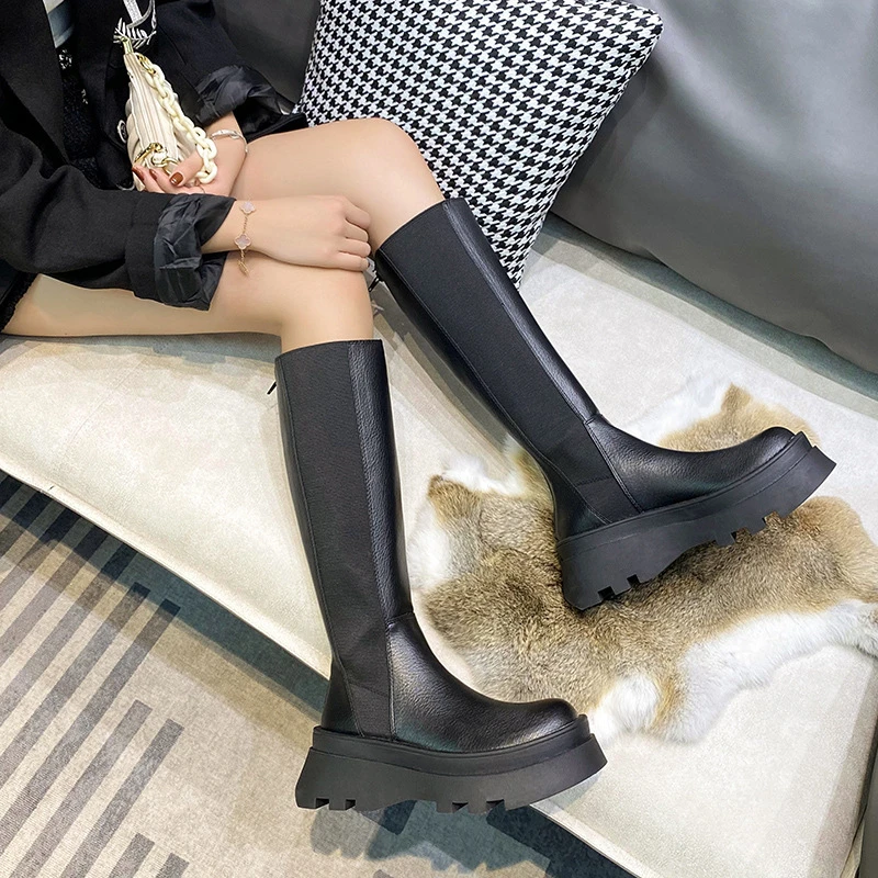 厚底长筒靴秋冬季高筒马丁靴女英伦风靴子小个子增高骑士真皮烟筒