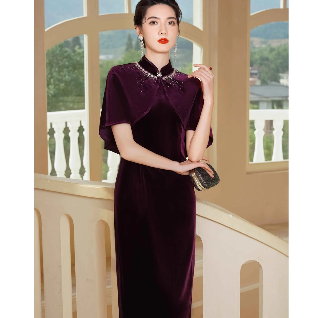 【俏有缘】喜婆婆妈妈装婚宴礼服秋金丝不倒绒披肩旗袍敬酒服Y118#