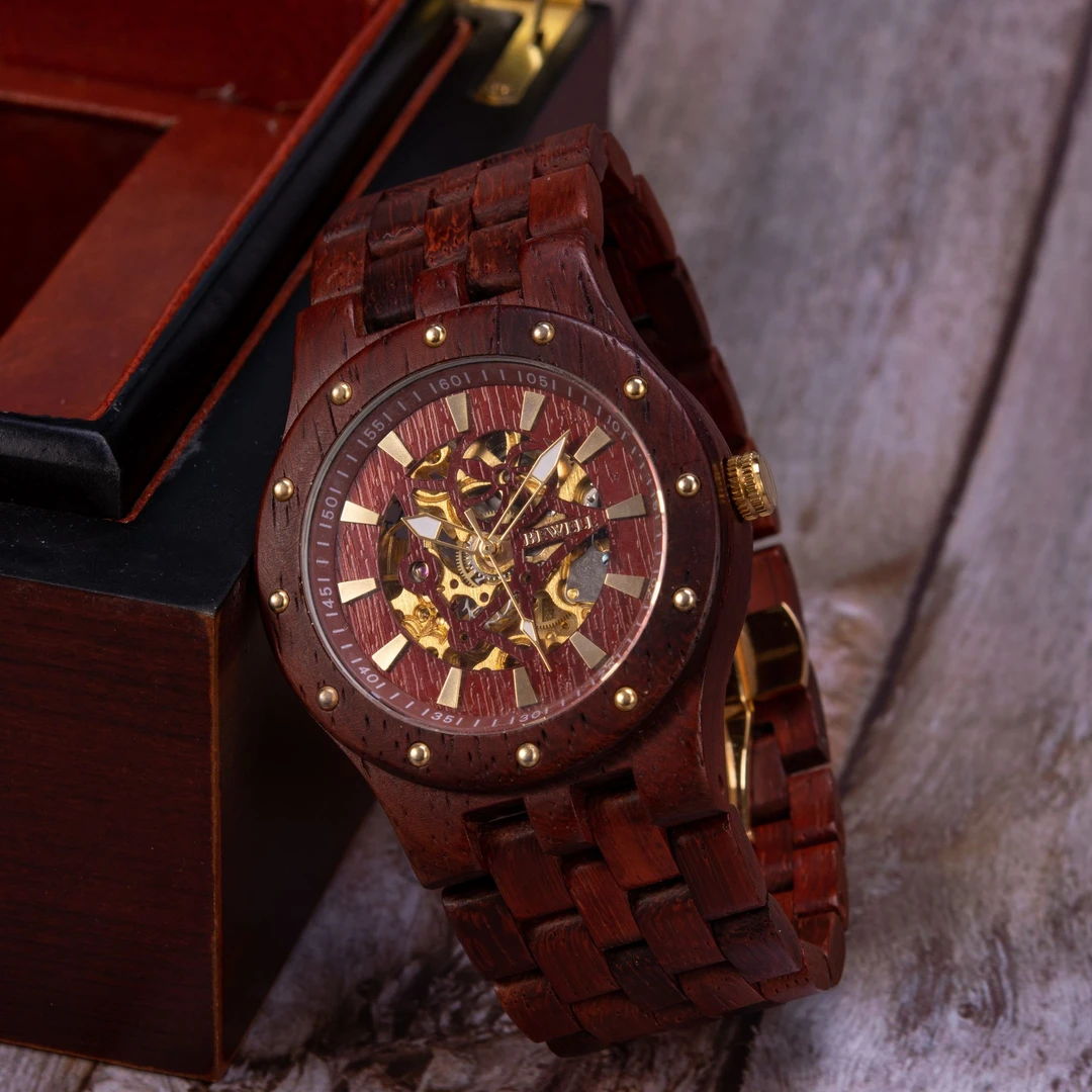 贝威尔商务男士红花梨木制全自动机械手表时尚镂空腕表直播专用
