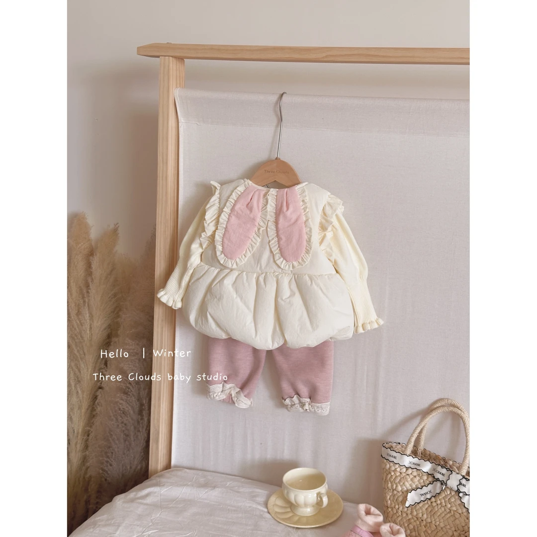 三小朵2189婴幼儿宝宝女童兔耳朵马甲夹棉加绒上衣花边裤子