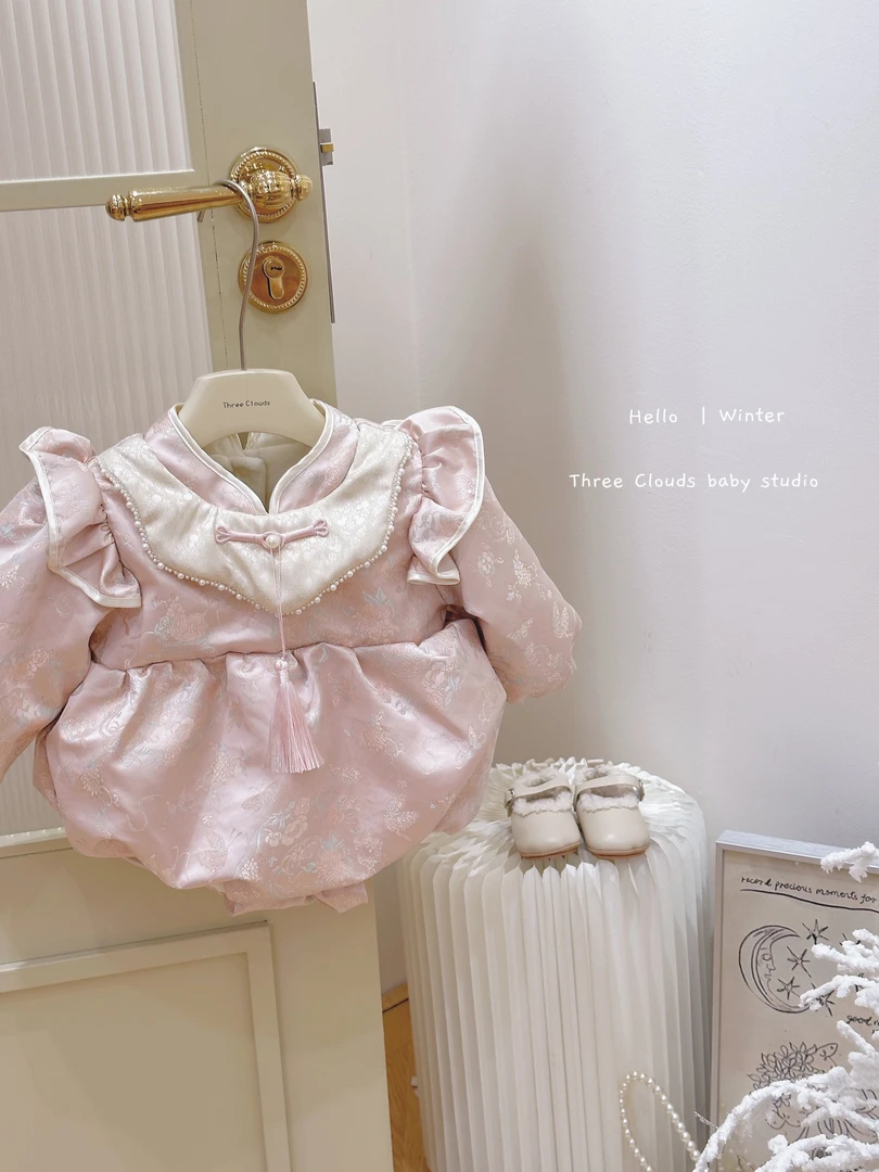 三小朵2359婴幼儿宝宝女童秋冬中式旗袍加绒夹棉百天满月周岁哈衣