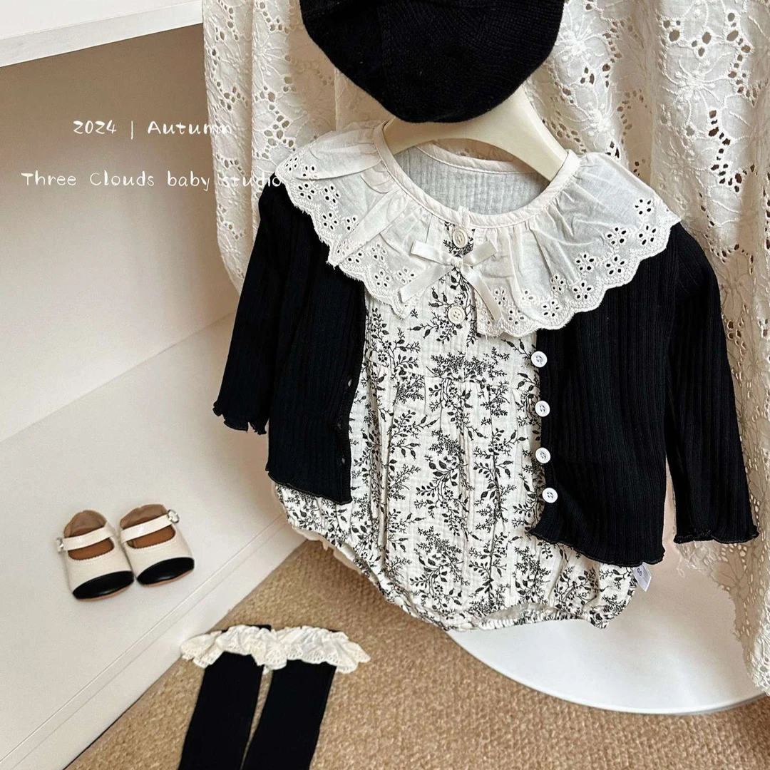 三小朵2103女宝宝长袖黑碎花哈衣新生儿周岁洋气包屁衣外套高级