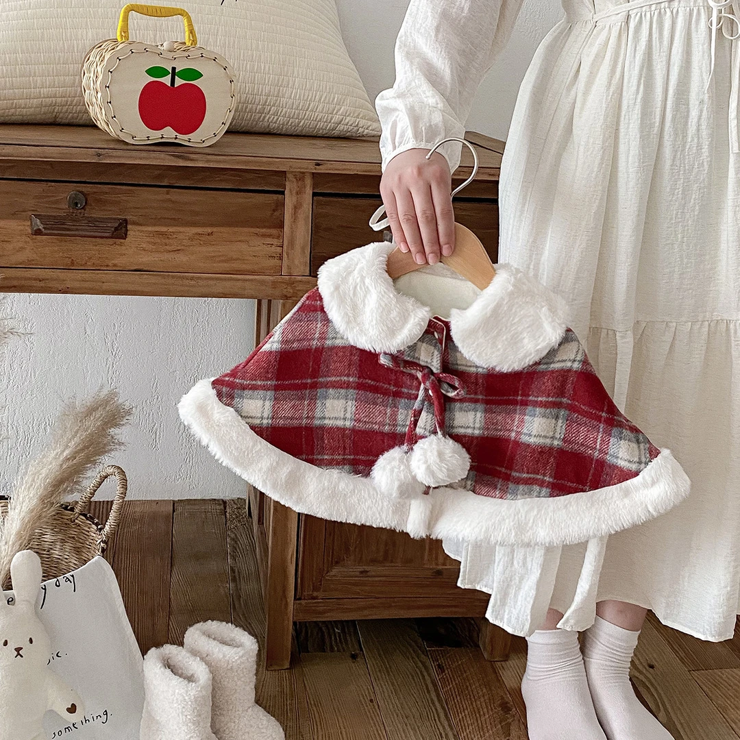 三小朵2227冬季女宝宝外套斗篷婴幼儿加绒加厚披肩保暖格子英伦风