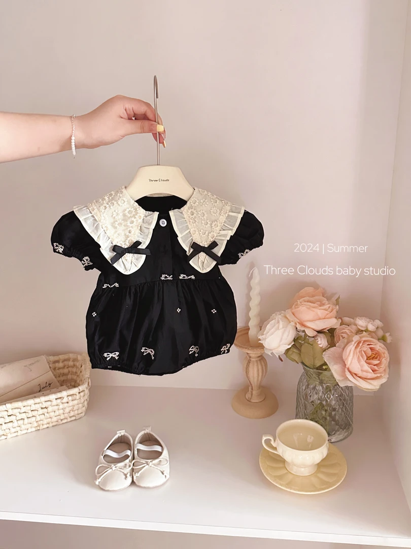 三小朵【糖霜黑巧】女宝宝婴幼儿蝴蝶结刺绣高级哈衣周岁包屁黑色