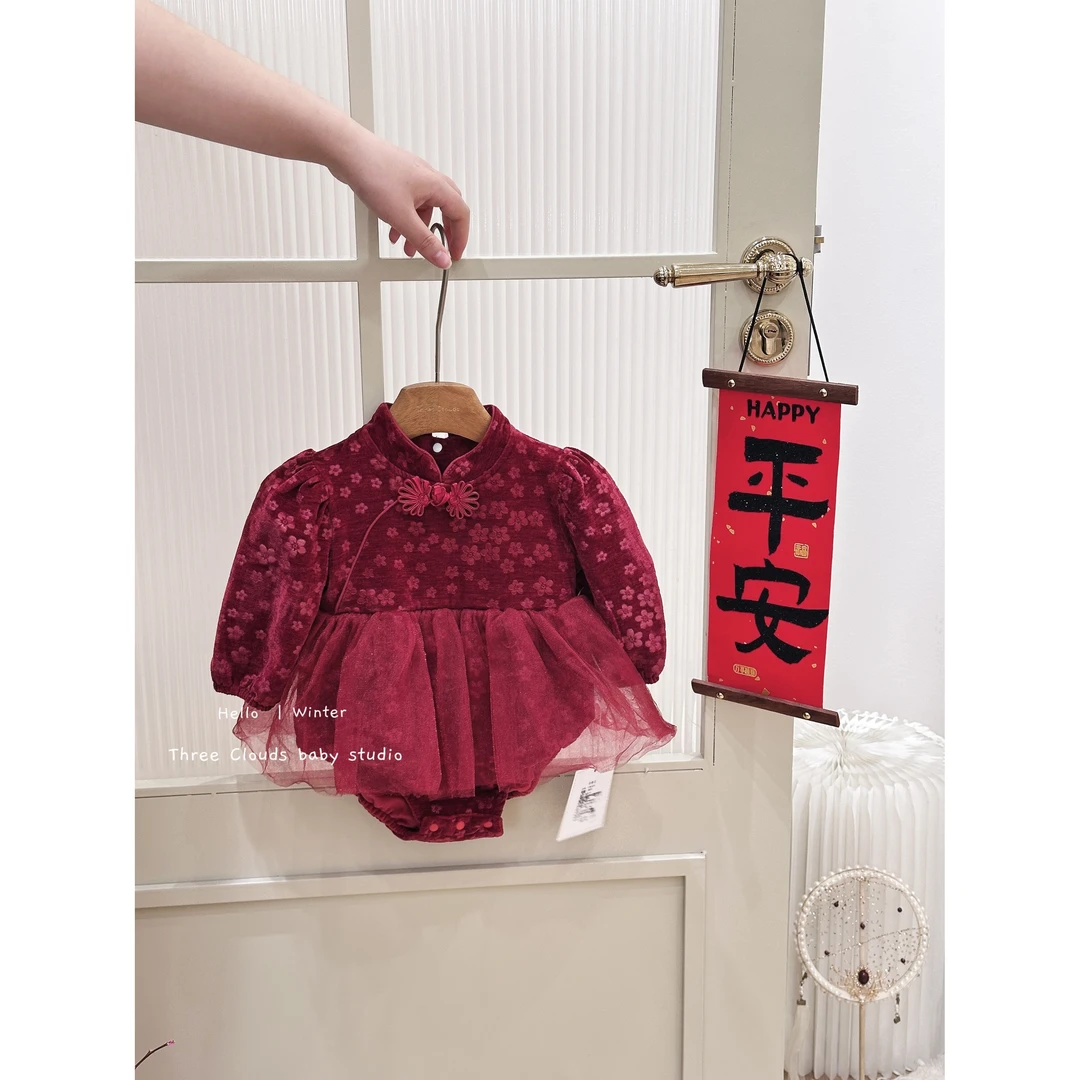 三小朵2397女宝宝周岁礼服秋冬季加绒新生儿包屁衣百天宴满月