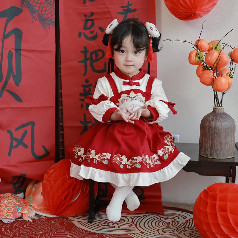 三小朵2389女童连衣裙冬季加绒中国风女宝宝连衣裙汉服裙子喜庆